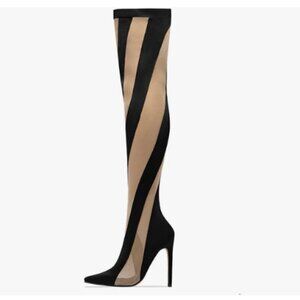 FSJ Black and Beige Thigh-High Stiletto Boots